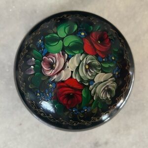 G. DeBrekht Wood Russian Trinket Box Floral Scene Hand Painted Black Multicolor